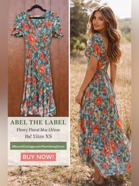 🌿 ABEL THE LABEL Floral Maxi Dress XS Cottagecore Boho Romantic Green Red